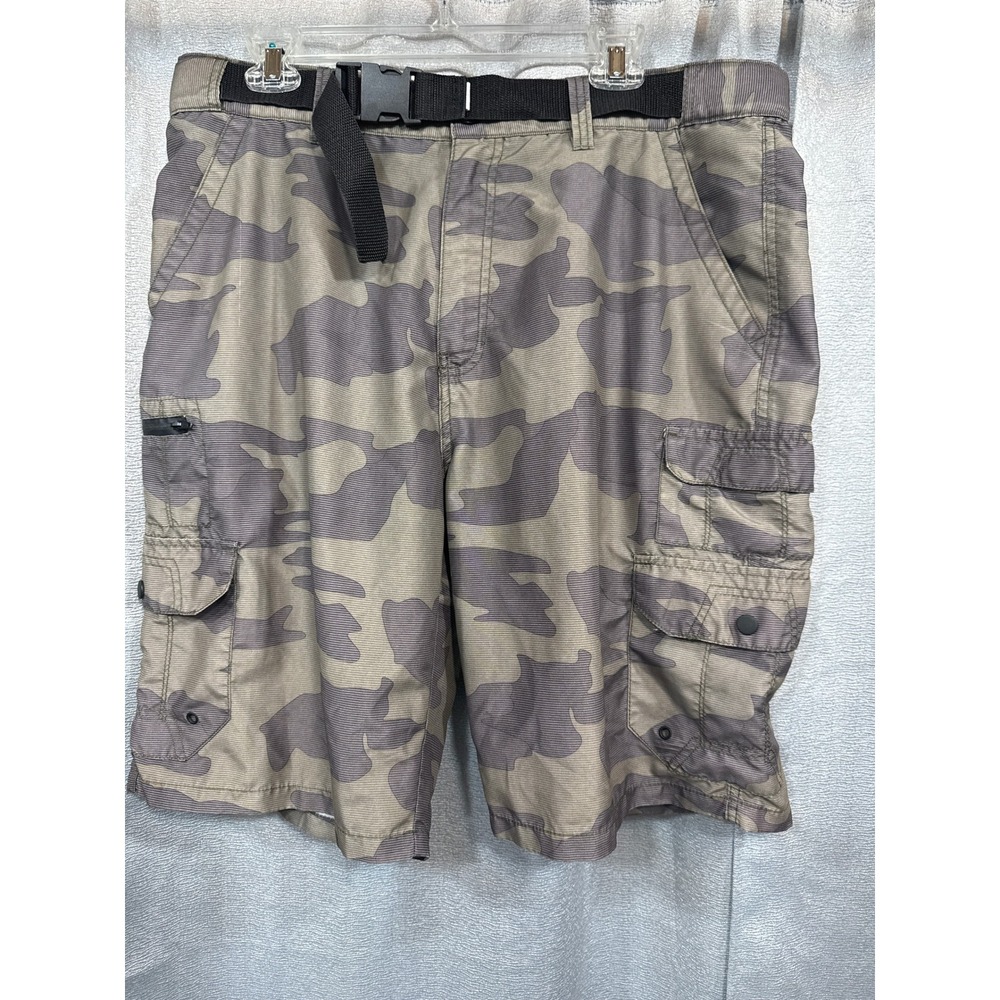 Denali Mens Camo Cargo Shorts Size 36 Green Gray Integrated Belt Utility Hiking